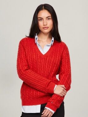 Tommy Hilfiger Red Cable Knit V-Neck Size XL 100% Cotton Classic Preppy Fall 90s
